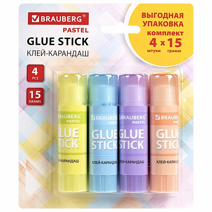 Клей-карандаш PVP 15г BRAUBERG PASTEL, Набор 4шт , блистер 271250 Клей-карандаш PVP 15г BRAUBERG PASTEL, Набор 4шт , блистер 271250