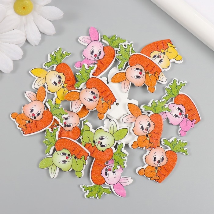 Пуговицы дерево для творчества 2 прокола Пуговицы дерево для творчества 2 прокола "Зайчик с морковкой" набор 15 шт 3,3х3,7 см