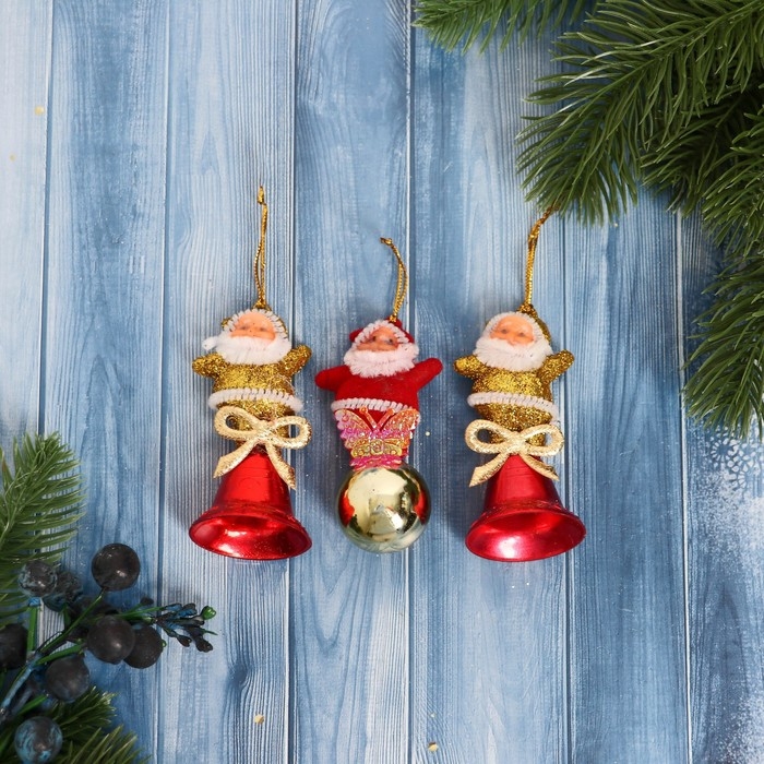 Украшение ёлочное Украшение ёлочное "Дедушка Мороз" колокольч, шарик (набор 3 шт) 3х7 см, микс красно-золотой