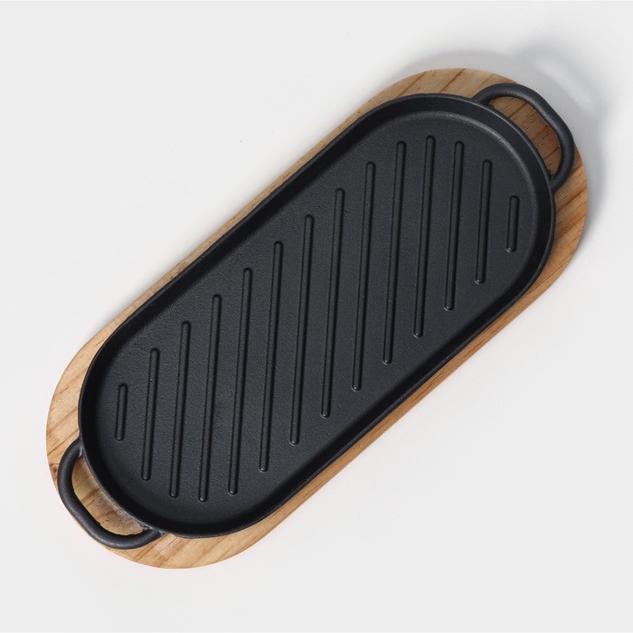 Сковорода чугунная «Овал гриль», 43×16,5×2,5 см, с ручками, на деревянной подставке