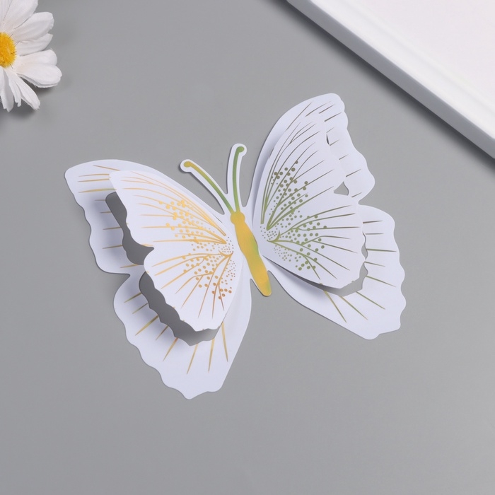Наклейка пластик Наклейка пластик "Бабочки белые с золотом" двойные крылья набор 12 шт 12 см, 10 см 8 см