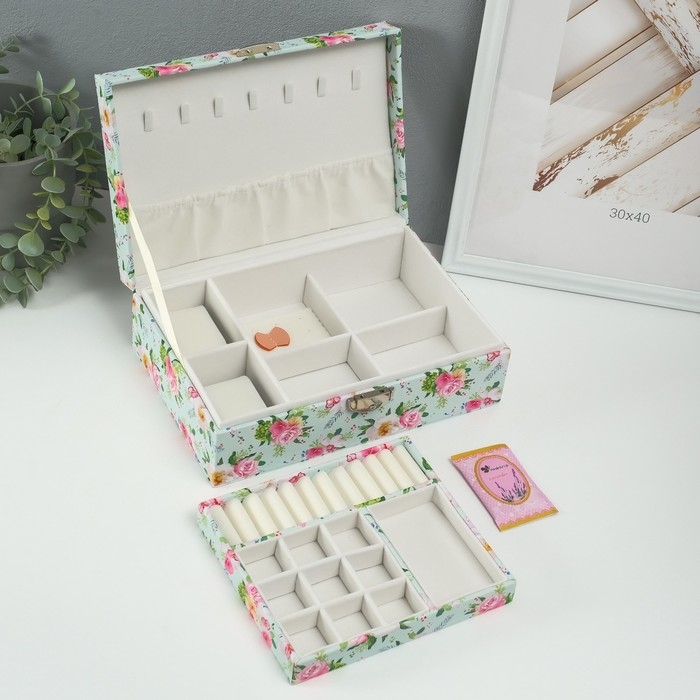 Шкатулка кожзам для украшений Шкатулка кожзам для украшений "Розы на зелёном" 18х27х9 см