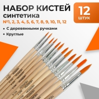 Набор кистей нейлон 12 штук: № 1, 2, 3, 4, 5, 6, 7, 8, 9, 10, 11, 12, круглые