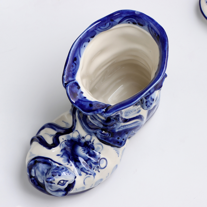 Ваза-карандашница Ваза-карандашница "Сапожок с мышками", гжель, фарфор, 16х19 см