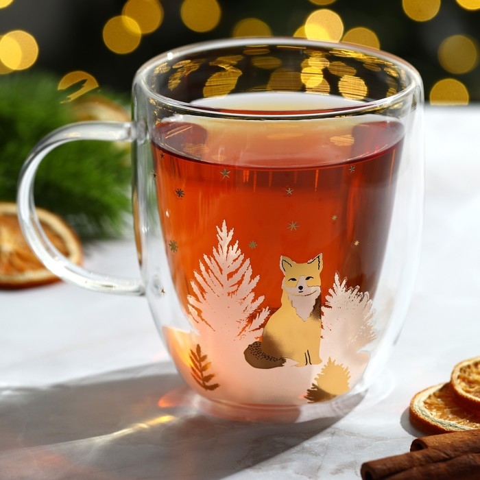 Новый год. Кружка новогодняя стеклянная с двойными стенками &laquo;Лиса&raquo;, 300 мл