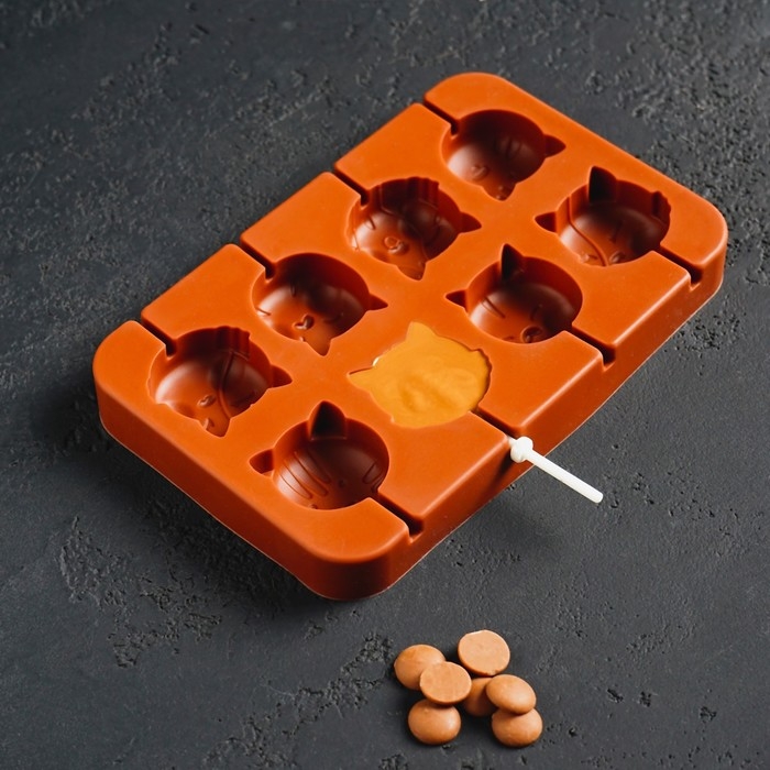 Форма для леденцов «Котики», силикон, 16,5×11×1,7 см, 8 ячеек, с палочками, цвет коричневый Форма для леденцов «Котики», силикон, 16,5×11×1,7 см, 8 ячеек, с палочками, цвет коричневый