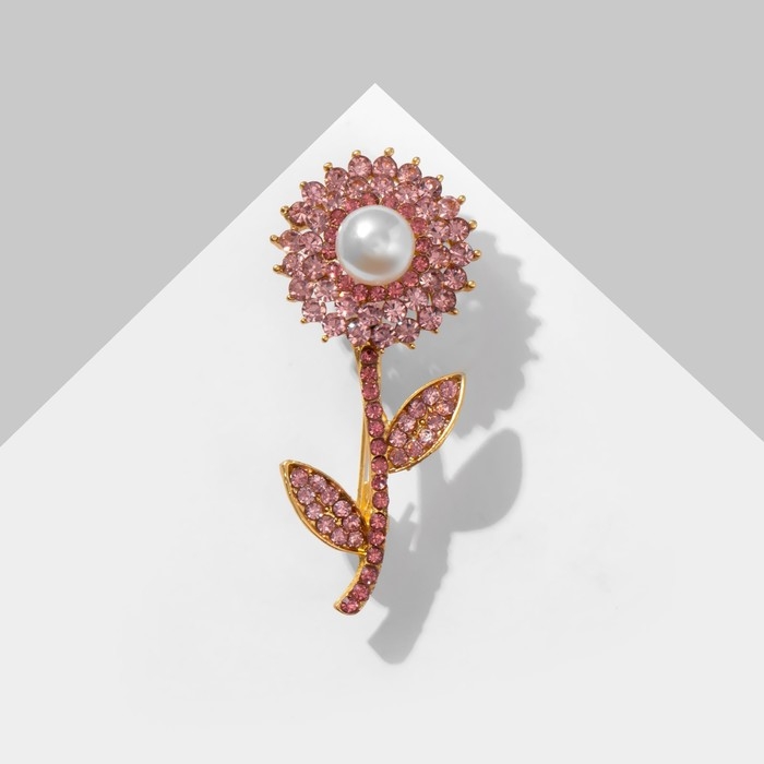 Брошь «Цветок» симпл с бусиной, цвет бело-розовый в матовом золоте Брошь «Цветок» симпл с бусиной, цвет бело-розовый в матовом золоте