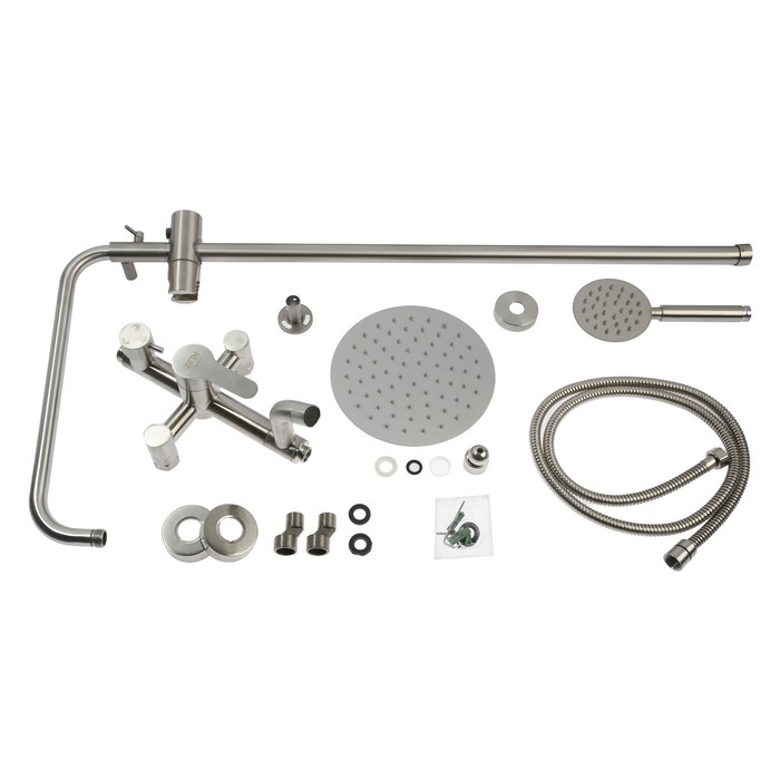 Душевая система ZEIN Z1008, смеситель, тропическая и ручная лейка, стойка, круглая, сатин Душевая система ZEIN Z1008, смеситель, тропическая и ручная лейка, стойка, круглая, сатин