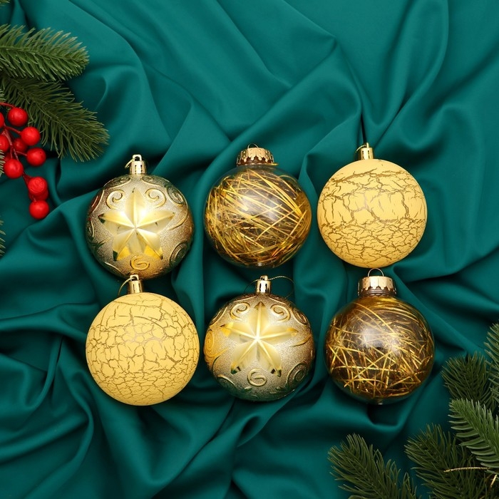 Набор шаров пластик d-8 см, 6 шт Набор шаров пластик d-8 см, 6 шт "Мелодия" диско треск, золото