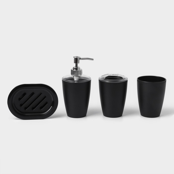 Набор для ванной «Эталон», 4 предмета: дозатор для мыла, мыльница, 2 стакана, 24×8×17 см, цвет чёрный Набор для ванной «Эталон», 4 предмета: дозатор для мыла, мыльница, 2 стакана, 24×8×17 см, цвет чёрный