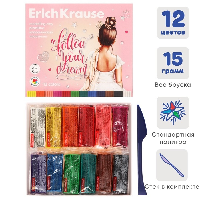 Пластилин со стеком 12 цветов, 180 г, ErichKrause Пластилин со стеком 12 цветов, 180 г, ErichKrause "Pointes", в картонной упаковке