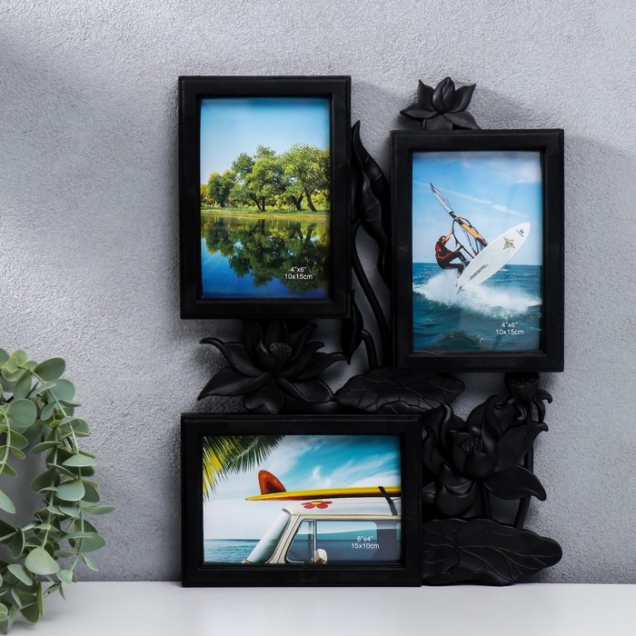 Фоторамка пластик на 3 фото 10х15 см  Фоторамка пластик на 3 фото 10х15 см "Лотосы" чёрный 36х27 см