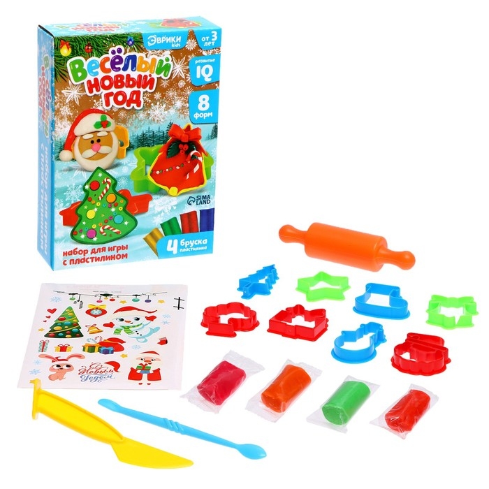 Набор для игры с пластилином «Весёлый Новый год», 8 форм, 4 бруска пластилина Набор для игры с пластилином «Весёлый Новый год», 8 форм, 4 бруска пластилина