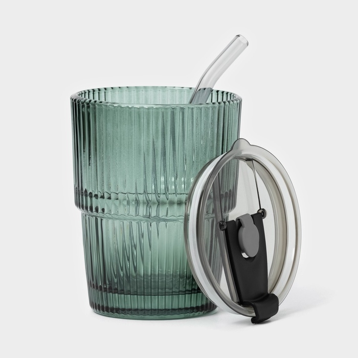 Стакан стеклянный с крышкой и трубочкой «Вино Верде», 350 мл, цвет зелёный Стакан стеклянный с крышкой и трубочкой «Вино Верде», 350 мл, цвет зелёный