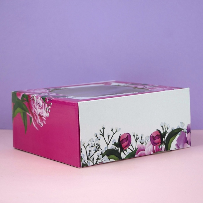 Коробка самосборная, с окном, Коробка самосборная, с окном, "Весенние пионы", 19 х 19 х 9 см
