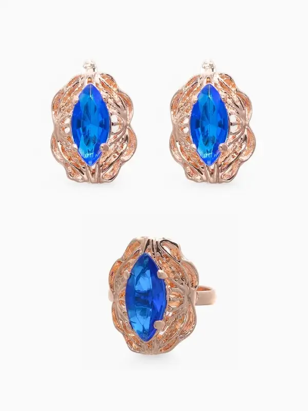 Гарнитур 3 предмета: серьги, кулон, кольцо безразмерное &laquo;Эдель&raquo;, ажурный овал, син в золоте, 45 см