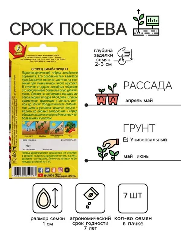 Семена Огурец  Семена Огурец "Китай-город", F1, ц/п, 7 шт