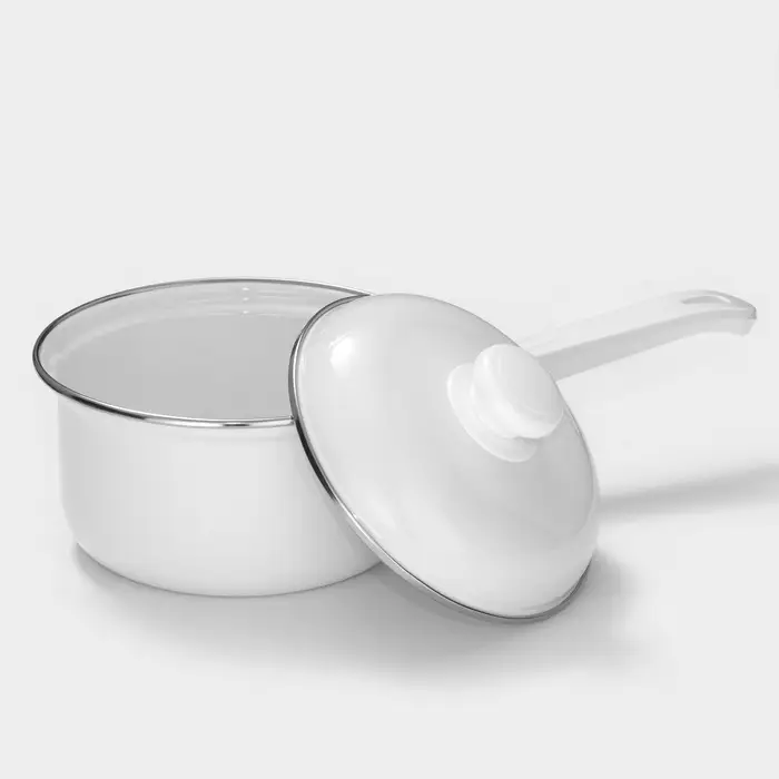 Ковш эмалированный, 1 л, цилиндрический, с крышкой, без деколи, индукция, белый