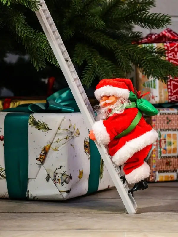 Дед Мороз "С мешком, на лестнице" 20х9 см, 65 см, движение, музыка, красный