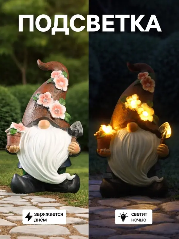 Садовая фигура - фонарь из полистоуна &laquo;Гном садовод&raquo;, 16&times;13&times;27 см, Greengo