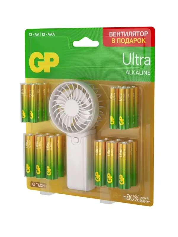 Батарейка алкалиновая GP Ultra, ААА+АА, LR03+LR6-24BL, 1.5В, блистер 12+12 шт., вентилятор