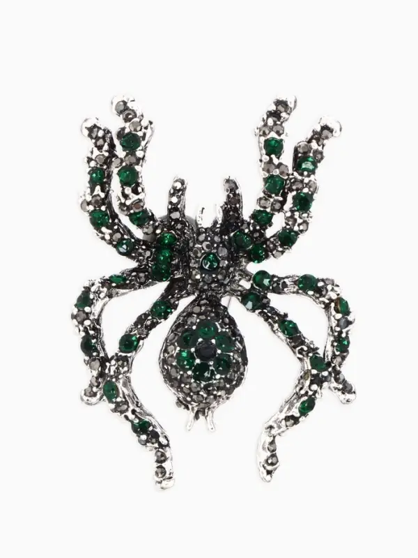 Брошь &laquo;Паук&raquo;, цветочки, серо-зелёная в чернёном серебре