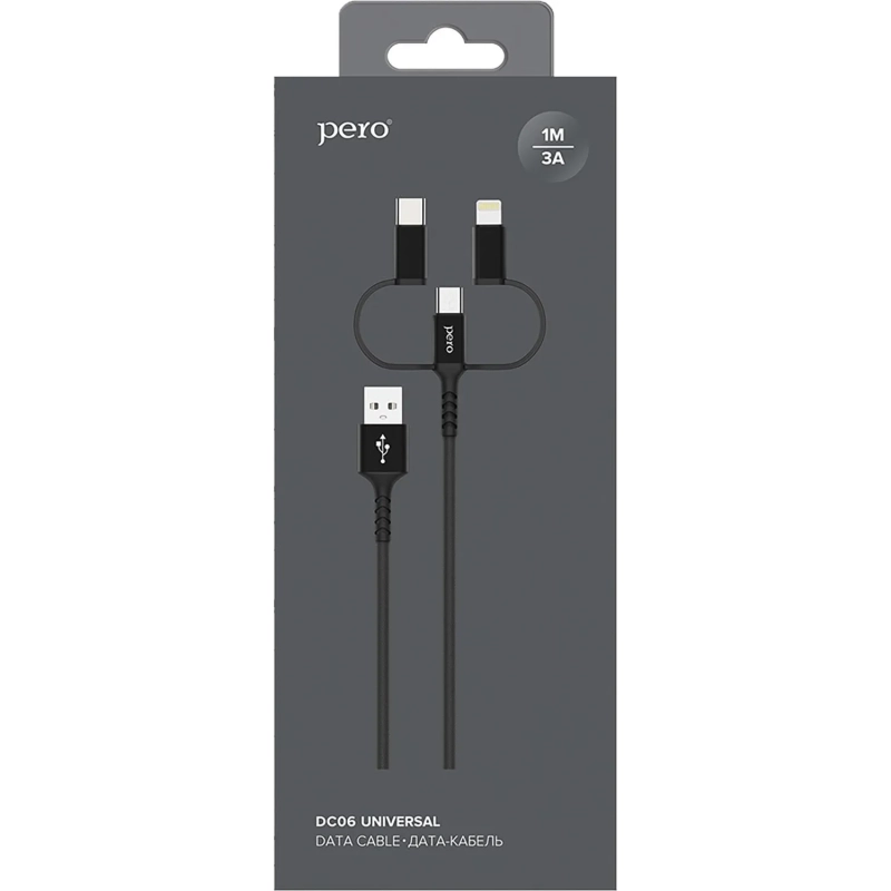 Кабель USB PERO DC-06 3 in 1 (Lightning/micro USB/Type-C), 3А, 1м, черный