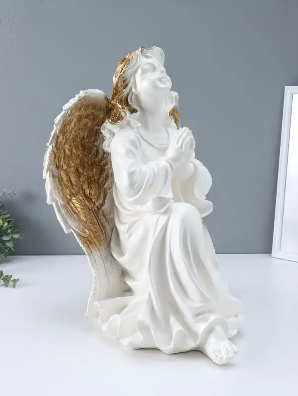 Фигура "Ангел на колене" большой, белый с золотом, 58х48х38 см