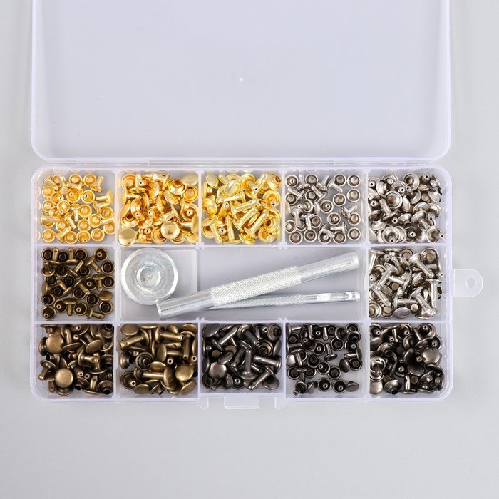 Заклёпочник с набором заклёпок 180 шт 12 видов (8х12 мм; 8х8 мм; 6х6 мм) 17,2х9,5х2,3 см Заклёпочник с набором заклёпок 180 шт 12 видов (8х12 мм; 8х8 мм; 6х6 мм) 17,2х9,5х2,3 см