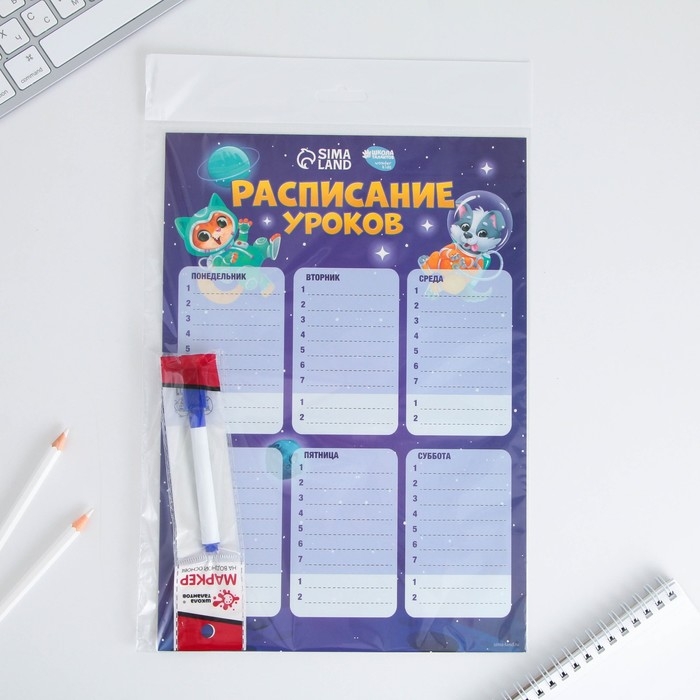 Расписание уроков &laquo;Животные в космосе&raquo; А4, многоразовое магнитное с маркером