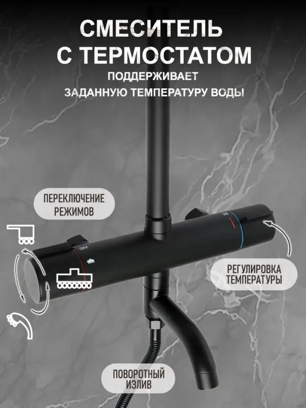 Душевая система ZEIN Z3895, с термостатом, лейка верхняя d=23 см, ручная 12.5 см, чёрная