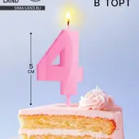 Свеча в торт на шпажке &laquo;Грань&raquo;, цифра 4, 5 см, розовая