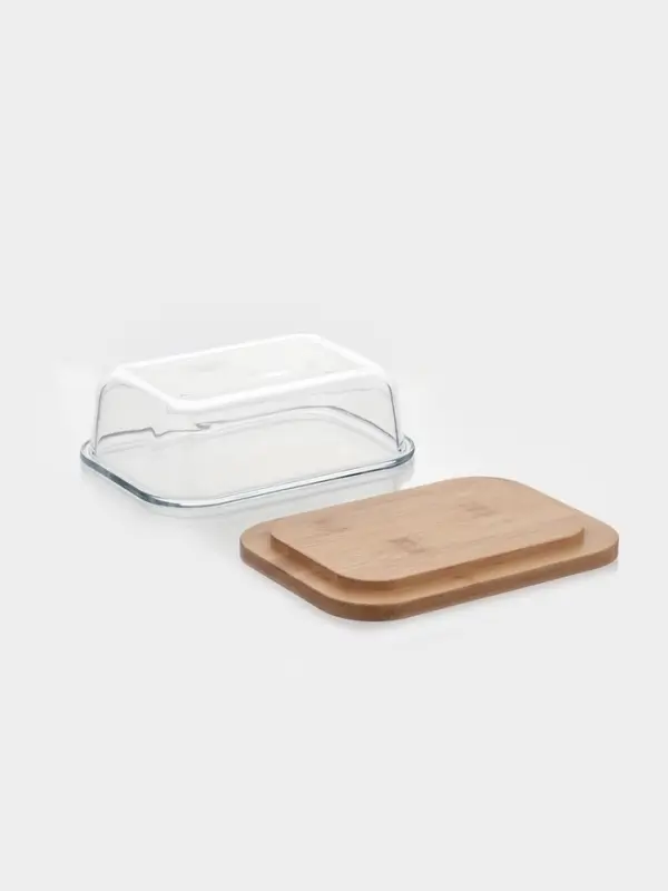Маслёнка, 17.4&times;13&times;6.5 см, с бамбуковой крышкой-подставкой и ножом, стекло, прозрачная