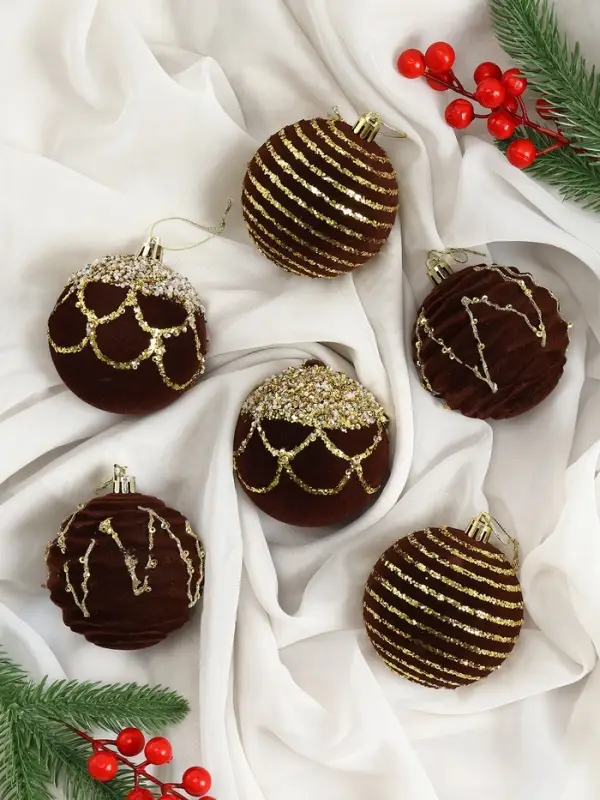 Набор шаров пластик d-8 см, 6 шт Набор шаров пластик d-8 см, 6 шт "Бархат. Фестиваль" геометрия, коричневый