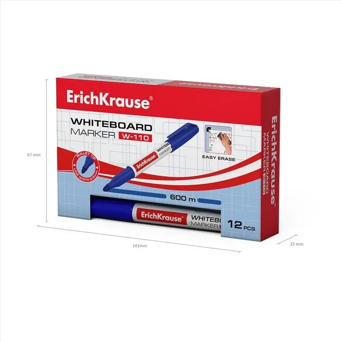 Маркер для доски ErichKrause W-110, 2,0 мм, для письма на досках сухого стирания, чернила на спиртовой основе без ксилола, синий