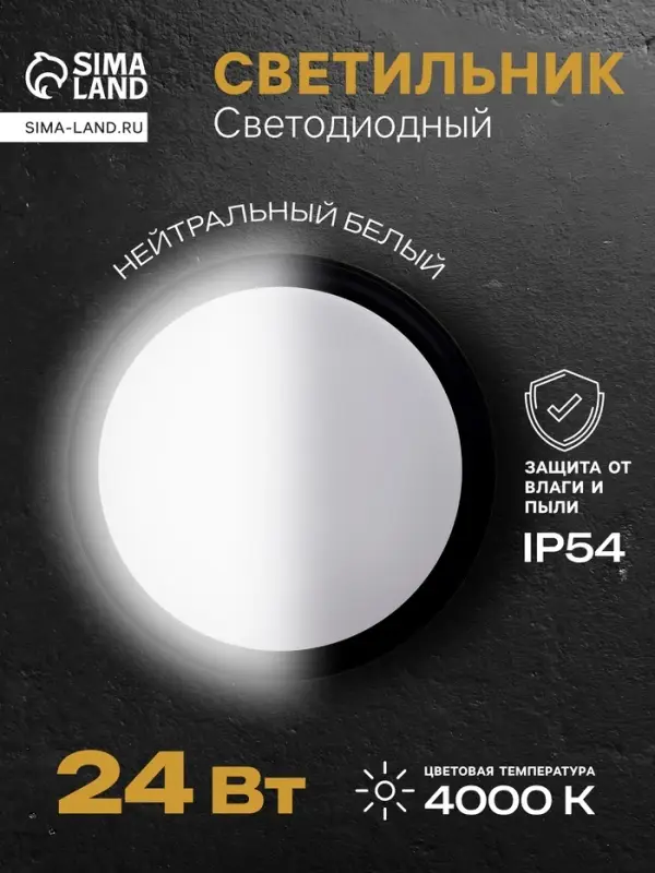 Светильник светодиодный герметичный, 24 Вт, IP54, 4000К, 220 В, круг, черный