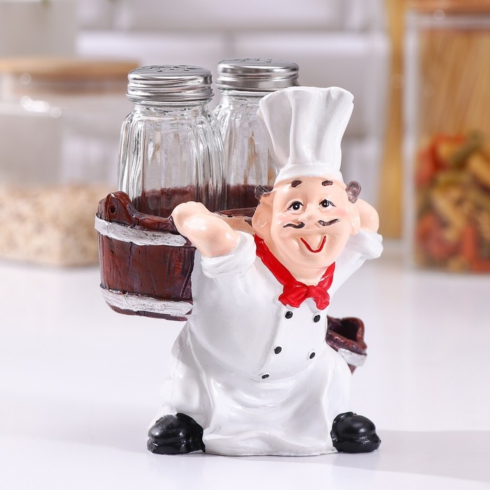 Набор для специй на подставке «Повар», 3 предмета: солонка 50 мл, перечница 50 мл, подставка с ёмкостью для зубочисток, фигурка МИКС Набор для специй на подставке «Повар», 3 предмета: солонка 50 мл, перечница 50 мл, подставка с ёмкостью для зубочисток, фигурка МИКС