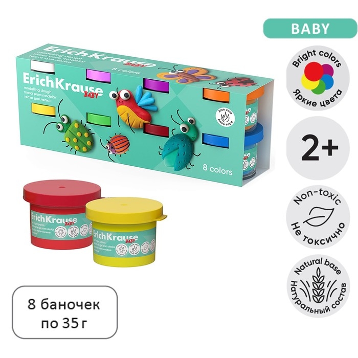 Тесто для лепки, 8 цветов по 35 г, ErichKrause  Тесто для лепки, 8 цветов по 35 г, ErichKrause "Baby", С Алоэ Вера, в коробке-рукаве