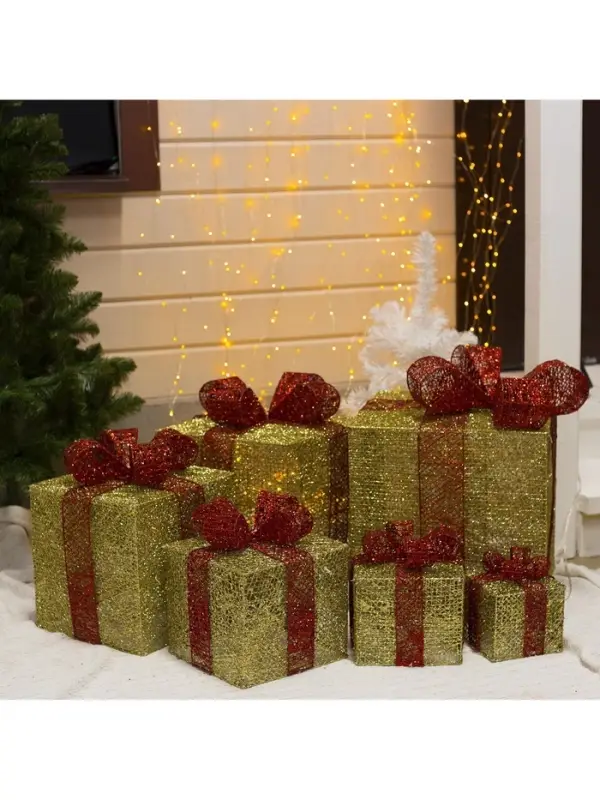 Светодиодная фигура &laquo;Подарки с красной лентой&raquo; 15, 20, 25, 30, 35, 40 см, текстиль, металл, 220 В, 8 режимов, свечение тёплое белое