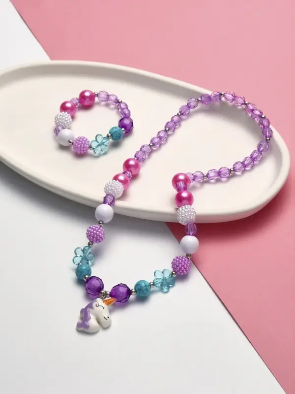 Набор детских украшений &laquo;Выбражулька. Единорог в цветах&raquo;, 2 предмета: бусы 45 см, браслет, d=5 см, фиолетовый