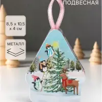 Шкатулка подарочная &laquo;Домик подвесной. Пингвины украшают новогоднюю ёлку&raquo;, металл, фигурная, 8.5&times;10.5&times;4 см