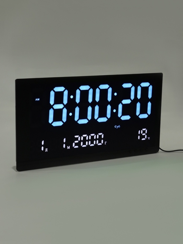 Часы электронные настенные, календарь и термометр, 47.5 х 25.3 см, синие цифры 10.8 х 5.3 см   10766
