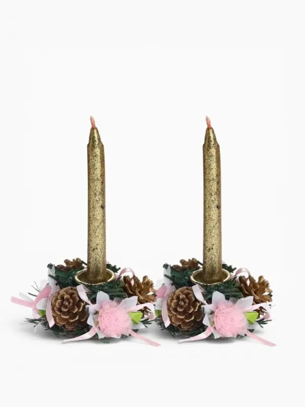 Свеча новогодняя с подсвечником, набор 2 шт., 11&times;15 см, с шишками и розочками