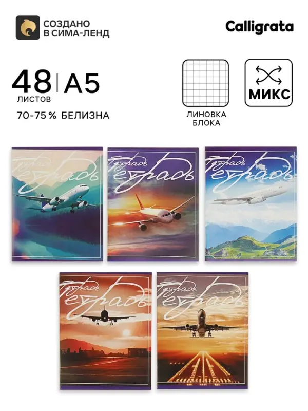 Тетрадь 48 листов в клетку, Calligrata &laquo;Самолеты&raquo;, серые листы, МИКС