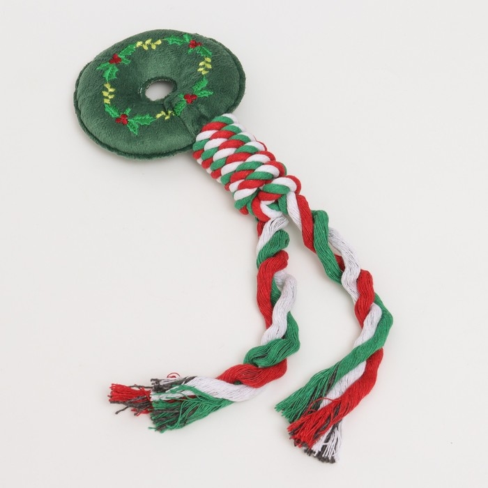 Игрушка пищащая, мягкая для собак Игрушка пищащая, мягкая для собак "Новогодний пончик" с канатом, 32 см