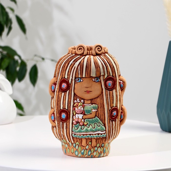 Сувенир керамика Сувенир керамика "Девочка из сказки с единорогом" (Ваза), светлая h=24,5 см V=1,5л