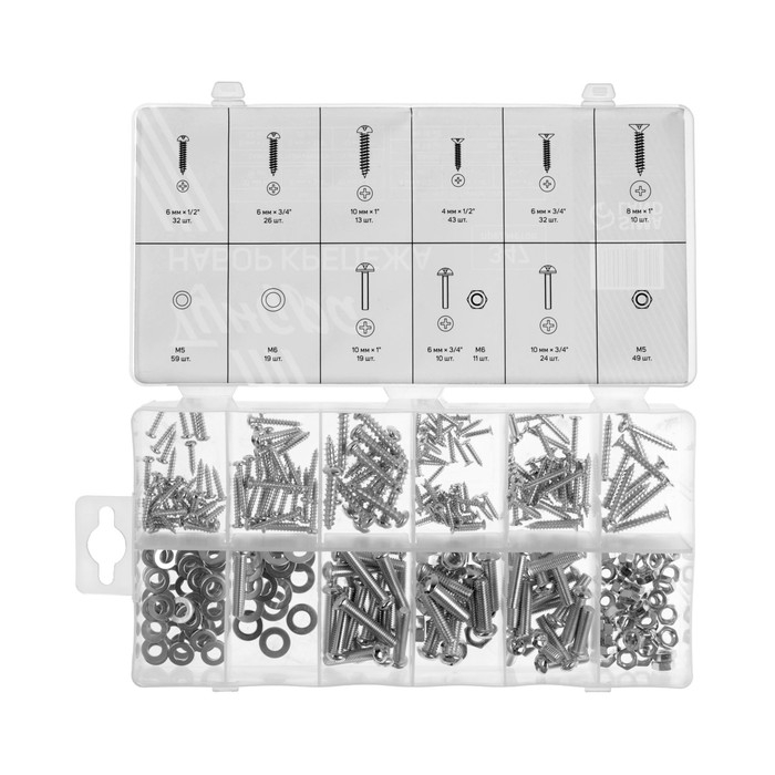 Набор саморезов, винтов, гаек и шайб ТУНДРА krep, 347 предметов Набор саморезов, винтов, гаек и шайб ТУНДРА krep, 347 предметов