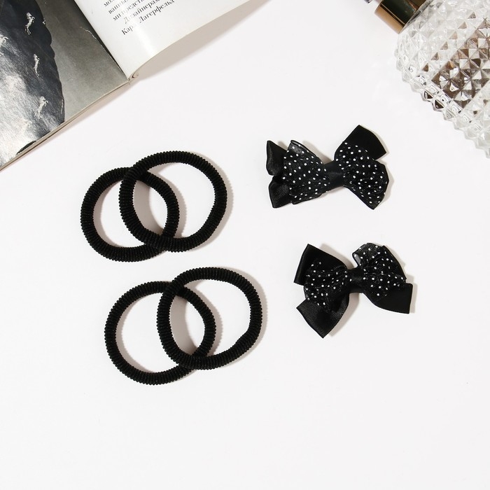 Набор для волос "Классика" (2 зажима, 4 резинки) бантик горох, чёрный