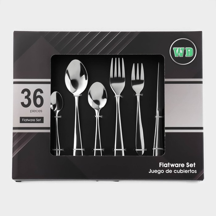 Столовые приборы из нержавеющей стали «Стандарт», картонная коробка, толщина 2 мм, 36 предметов, цвет серебряный Столовые приборы из нержавеющей стали «Стандарт», картонная коробка, толщина 2 мм, 36 предметов, цвет серебряный