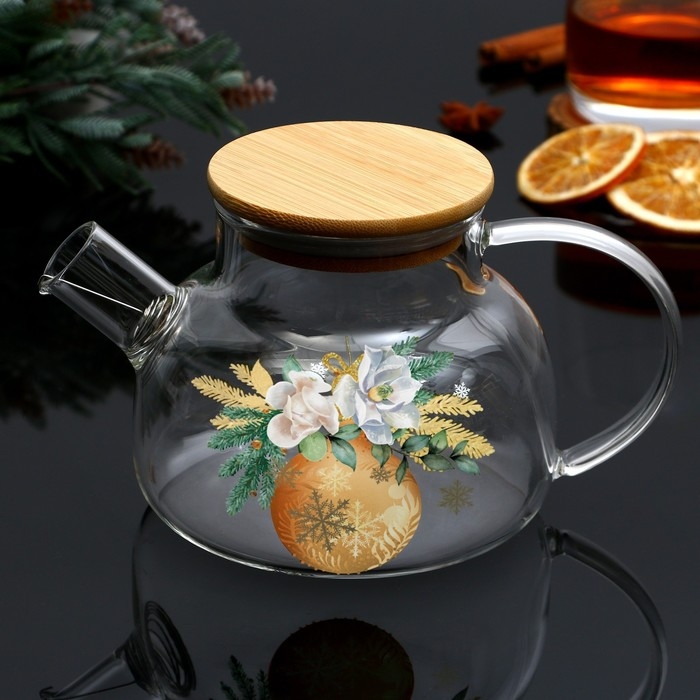 Новый год. Чайник заварочный стеклянный с бамбуковой крышкой «Зимние истории», 800 мл Новый год. Чайник заварочный стеклянный с бамбуковой крышкой «Зимние истории», 800 мл
